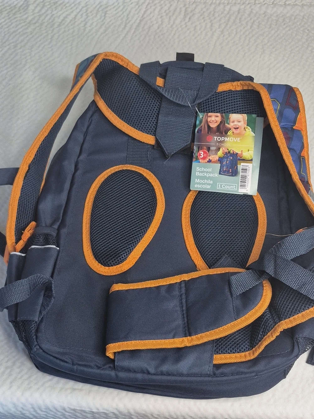 TOPMOVE School Backpack 18in Blue/Orange Geometric Polyester Rain Cover Laptop